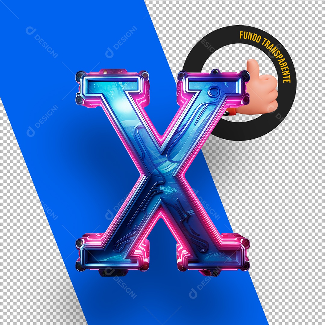 Letra X Maiúscula Azul com Led Rosa Elemento 3D Para Composição PSD
