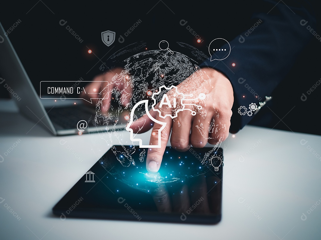 empresário segurando cérebro de IA, Simbólico, Aprendizado de Máquina, inteligência artificial de tecnologia futurista