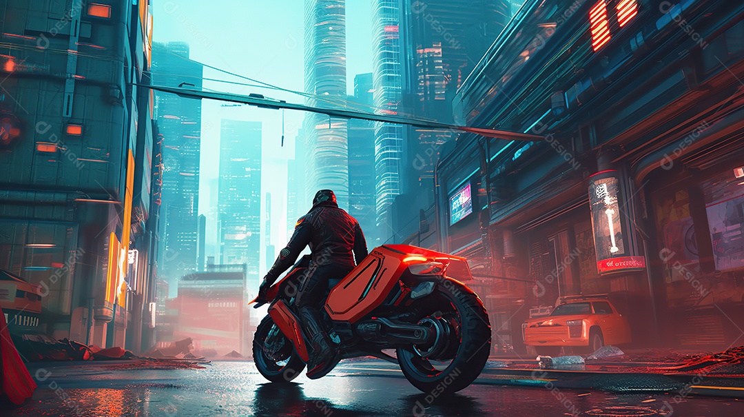 Motocicleta cyberpunk futurista vermelha design arrojado
