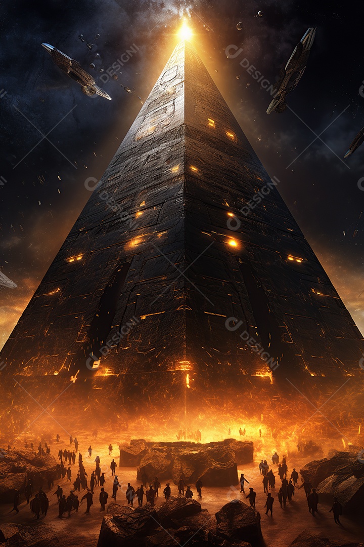Uma pirâmide gigante flutuando com runas de fogo várias naves invasão alienígena céu escuro gerada por IA