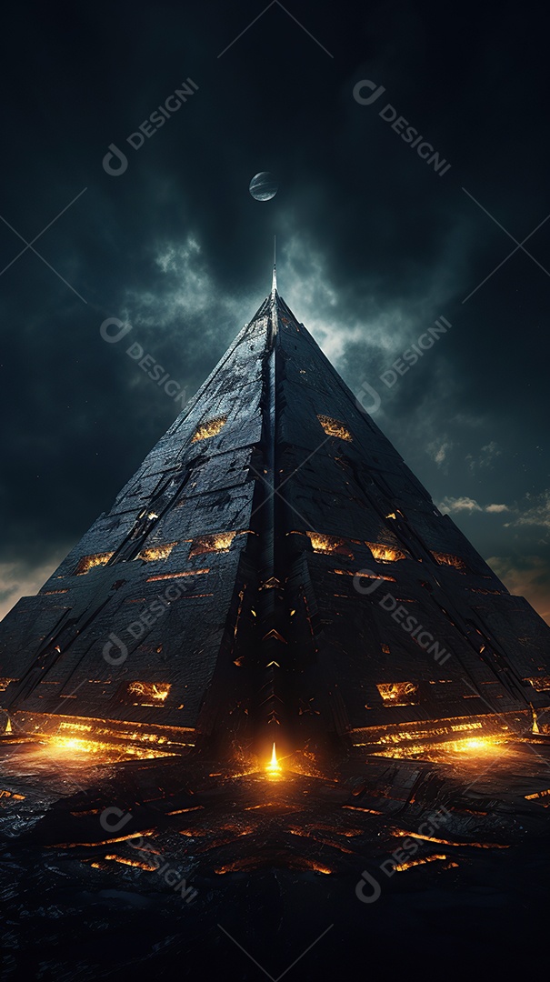 Uma pirâmide gigante flutuando com runas de fogo várias naves invasão alienígena céu escuro gerada por IA