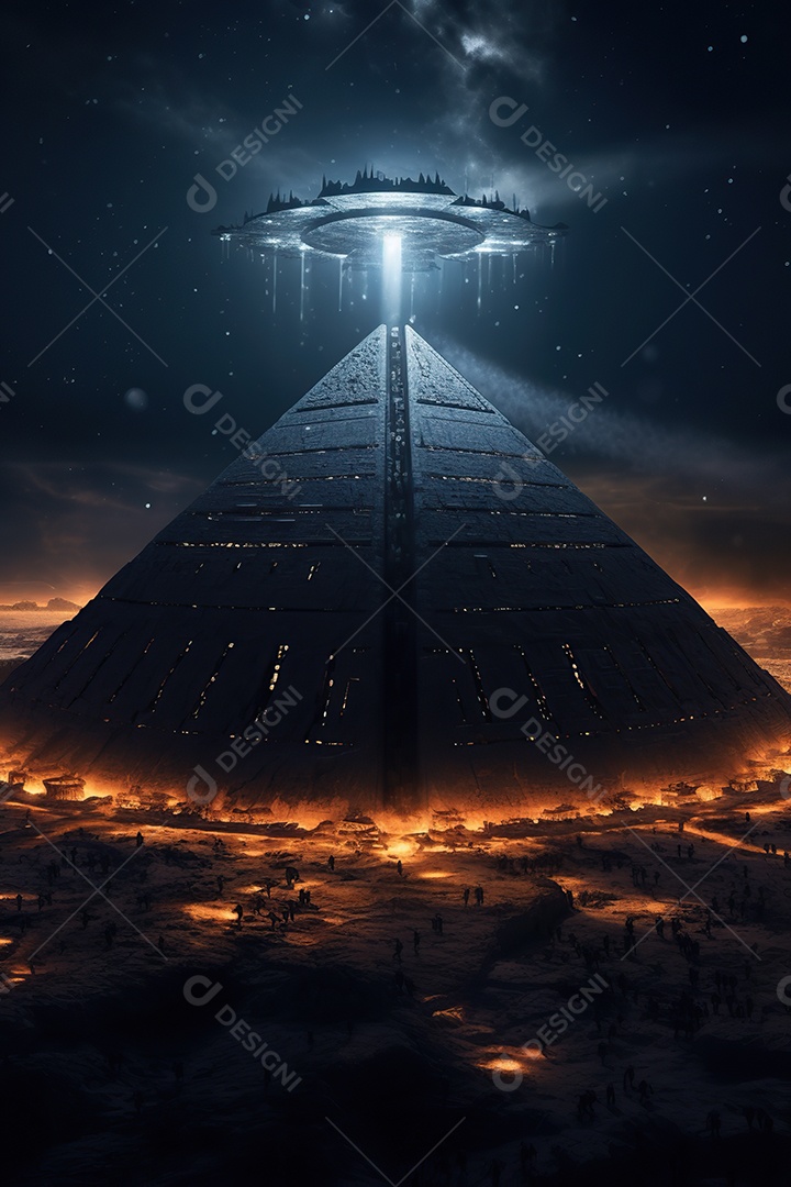 Uma pirâmide gigante flutuando com runas de fogo várias naves invasão alienígena céu escuro gerada por IA