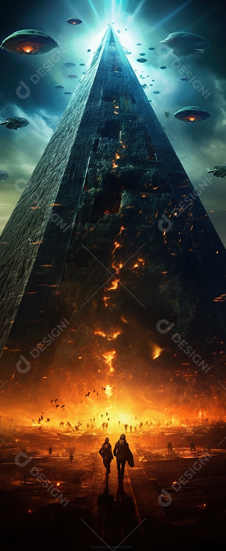 Uma pirâmide gigante flutuando com runas de fogo várias naves invasão alienígena céu escuro gerada por IA