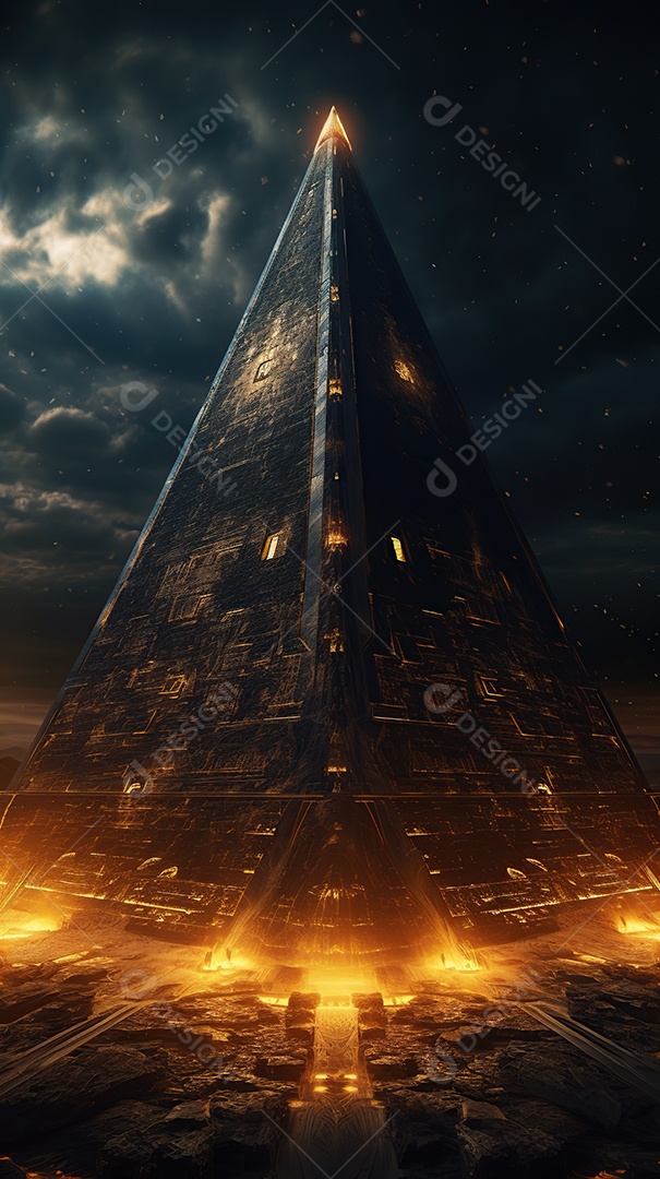 Uma pirâmide gigante flutuando com runas de fogo várias naves invasão alienígena céu escuro gerada por IA