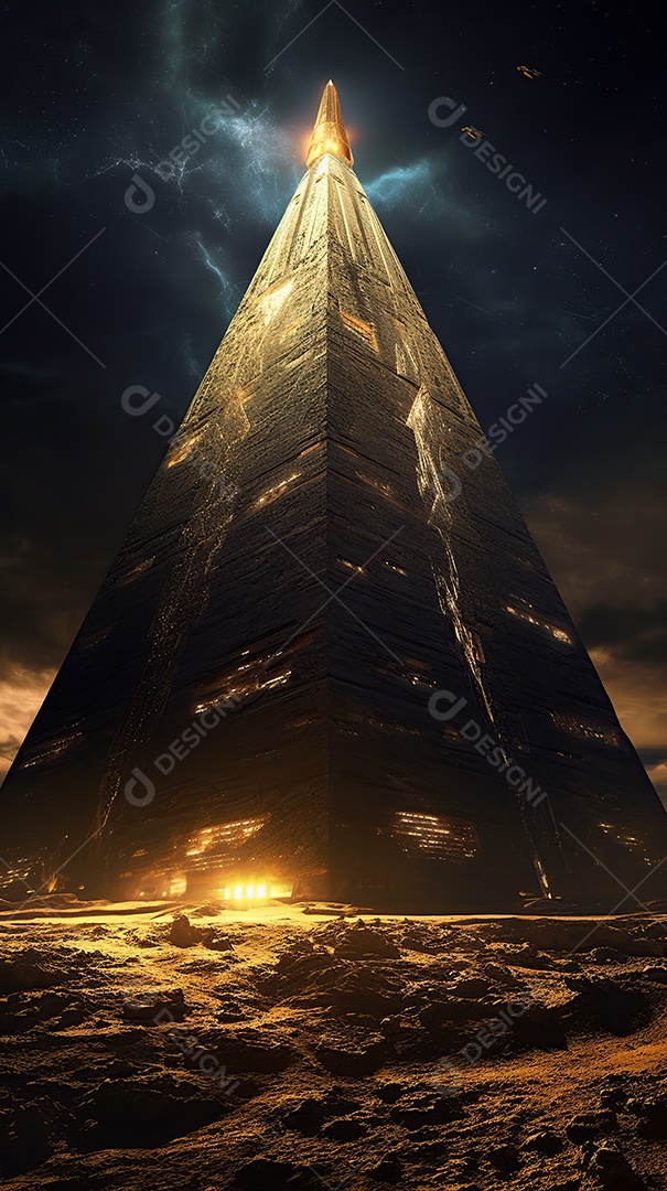 Uma pirâmide gigante flutuando com runas de fogo várias naves invasão alienígena céu escuro gerada por IA