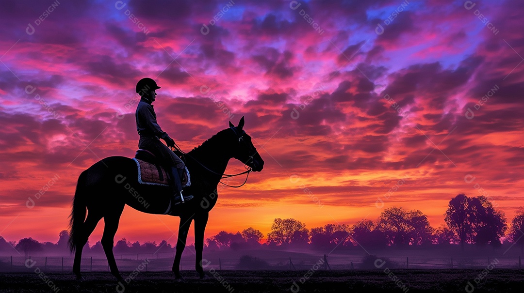 Testemunhe a beleza cativante da silhueta de um cavaleiro contra um pôr do sol colorido e de tirar o fôlego.