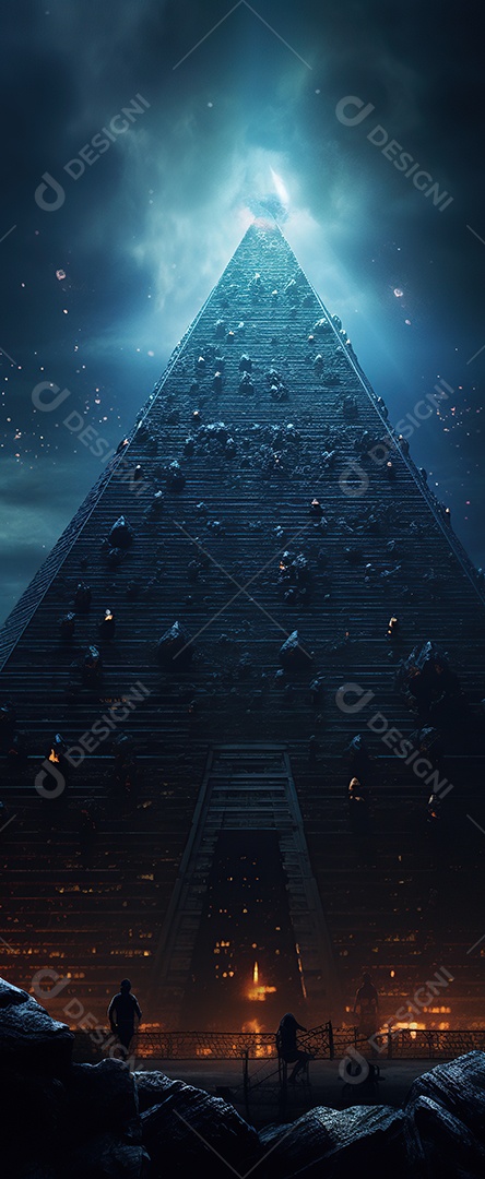 Uma pirâmide gigante flutuando com runas de fogo várias naves invasão alienígena céu escuro gerada por IA