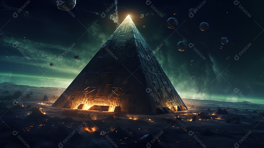 Uma pirâmide gigante flutuando com runas de fogo várias naves invasão alienígena céu escuro gerada por IA
