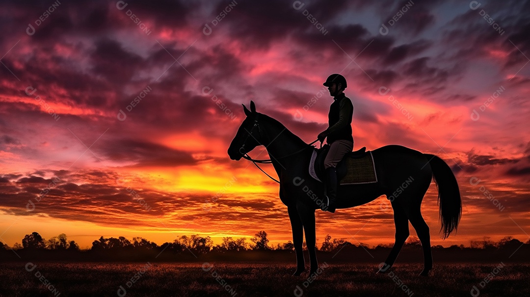 Testemunhe a beleza cativante da silhueta de um cavaleiro contra um pôr do sol colorido e de tirar o fôlego.