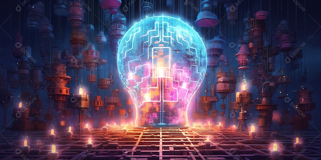 Conceito de tecnologia mostrando lâmpada de ideia. esta cena é gerada através de inteligência artificial.