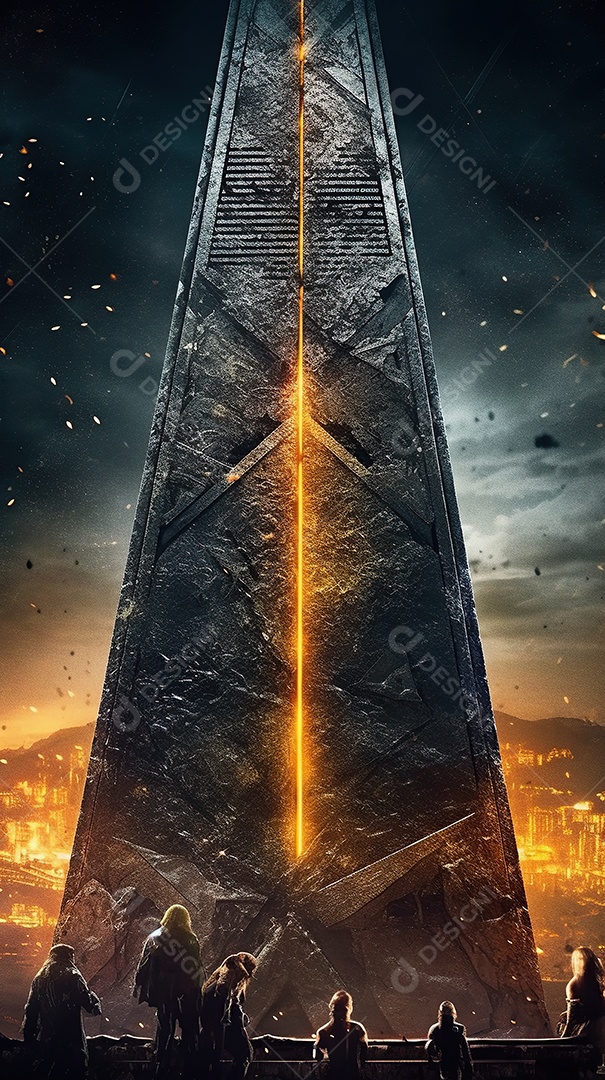 Uma pirâmide gigante flutuando com runas de fogo várias naves invasão alienígena céu escuro gerada por IA