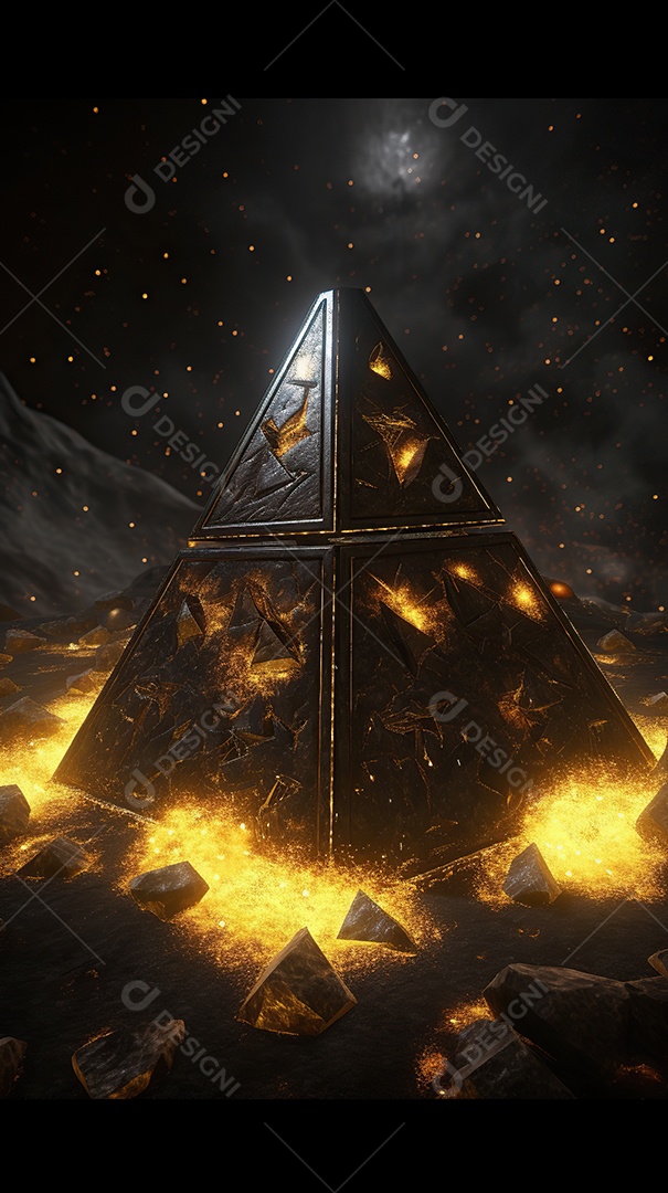 Uma pirâmide gigante flutuando com runas de fogo várias naves invasão alienígena céu escuro gerada por IA