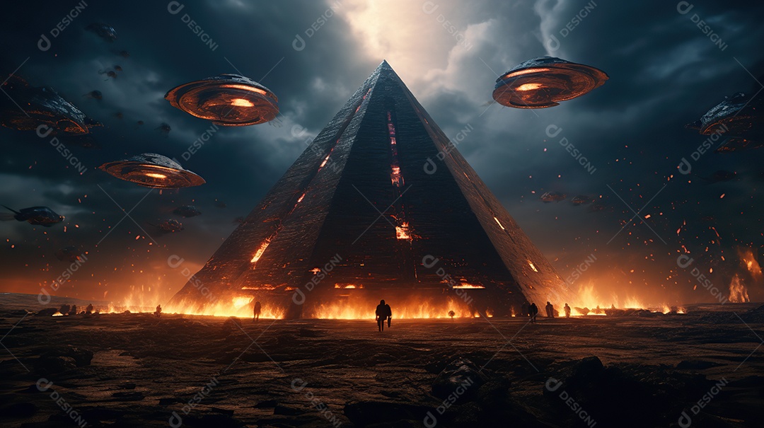 Uma pirâmide gigante flutuando com runas de fogo várias naves invasão alienígena céu escuro gerada por IA