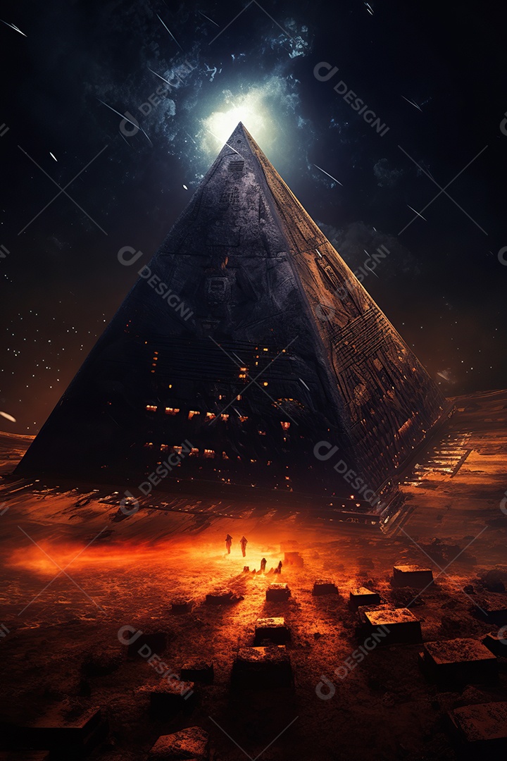 Uma pirâmide gigante flutuando com runas de fogo várias naves invasão alienígena céu escuro gerada por IA