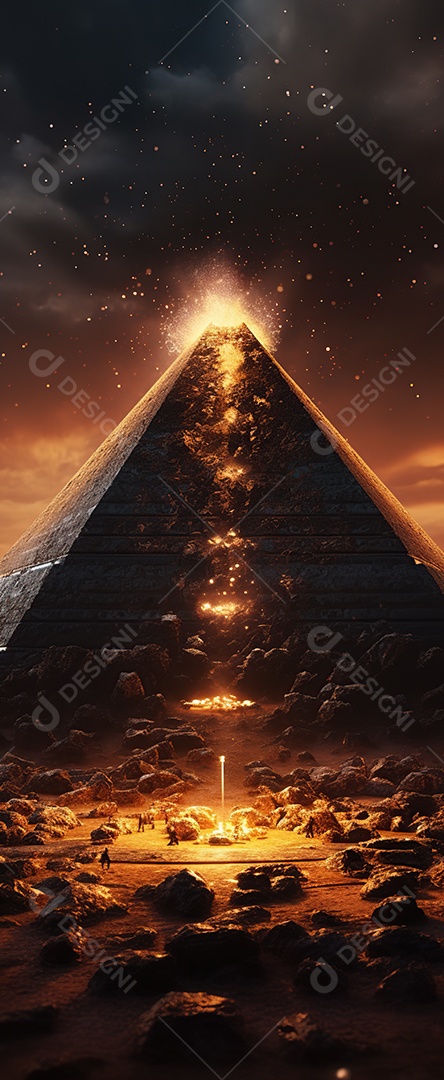 Uma pirâmide gigante flutuando com runas de fogo várias naves invasão alienígena céu escuro gerada por IA