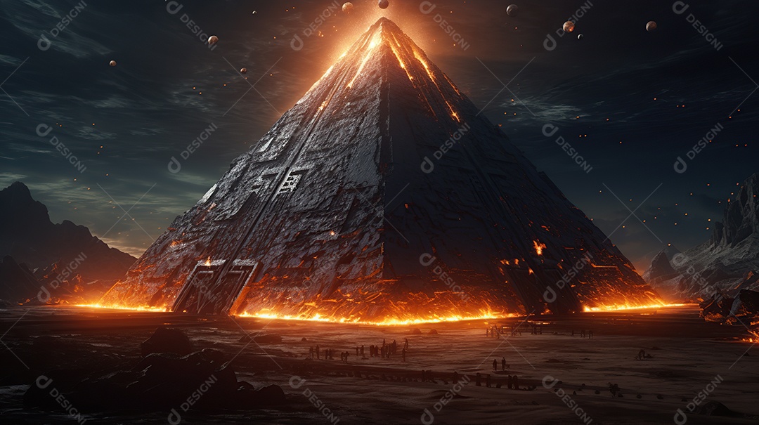 Uma pirâmide gigante flutuando com runas de fogo várias naves invasão alienígena céu escuro gerada por IA
