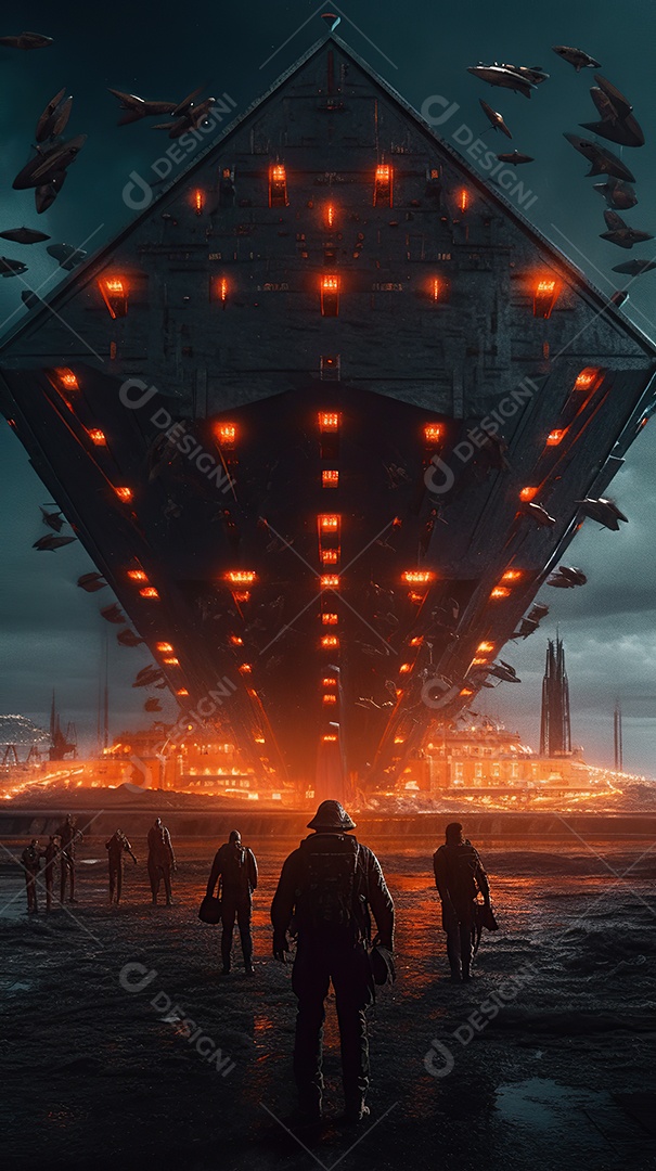 Uma pirâmide gigante flutuando com runas de fogo várias naves invasão alienígena céu escuro gerada por IA