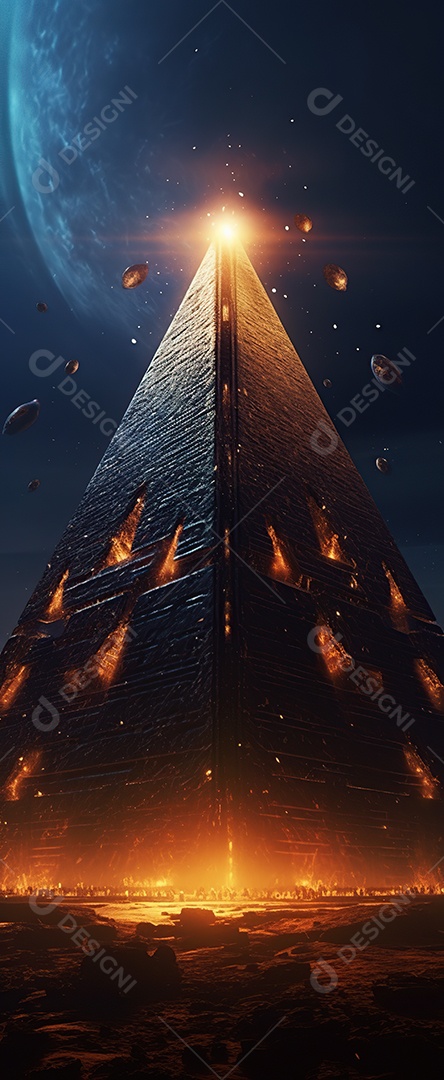 Uma pirâmide gigante flutuando com runas de fogo várias naves invasão alienígena céu escuro gerada por IA