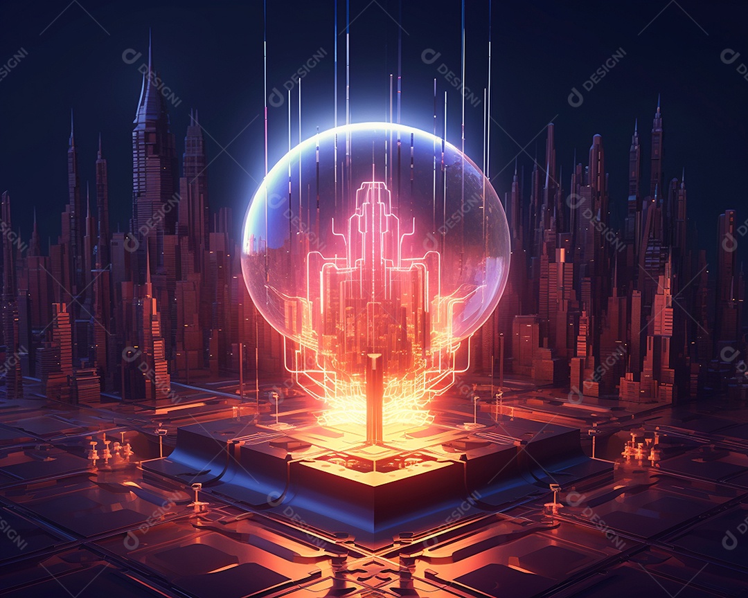 Conceito de tecnologia mostrando lâmpada de ideia. esta cena é gerada através de inteligência artificial.