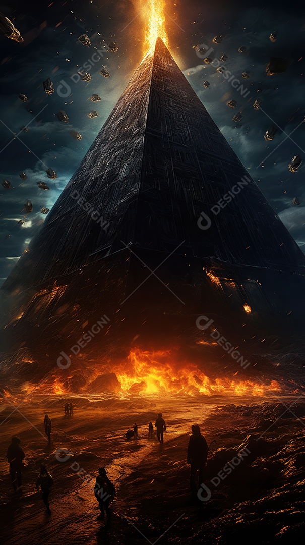 Uma pirâmide gigante flutuando com runas de fogo várias naves invasão alienígena céu escuro gerada por IA