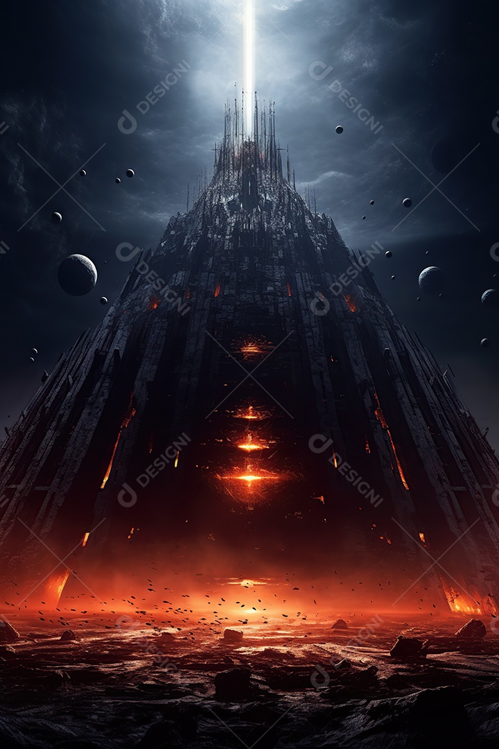 Uma pirâmide gigante flutuando com runas de fogo várias naves invasão alienígena céu escuro gerada por IA