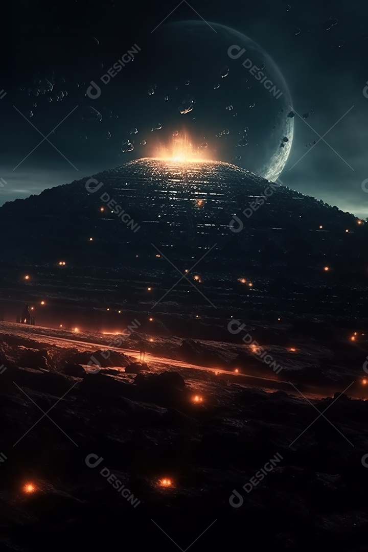 Uma pirâmide gigante flutuando com runas de fogo várias naves invasão alienígena céu escuro gerada por IA