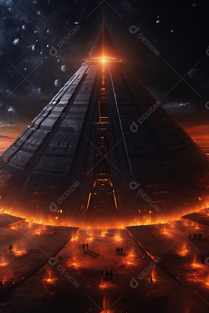 Uma pirâmide gigante flutuando com runas de fogo várias naves invasão alienígena céu escuro gerada por IA
