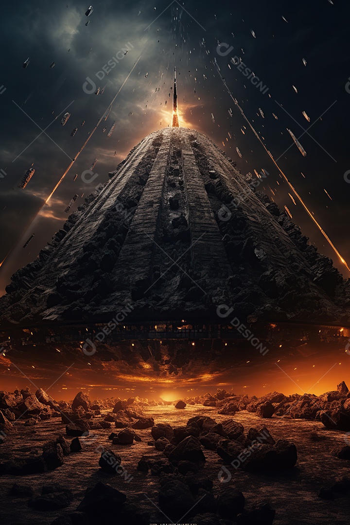 Uma pirâmide gigante flutuando com runas de fogo várias naves invasão alienígena céu escuro gerada por IA