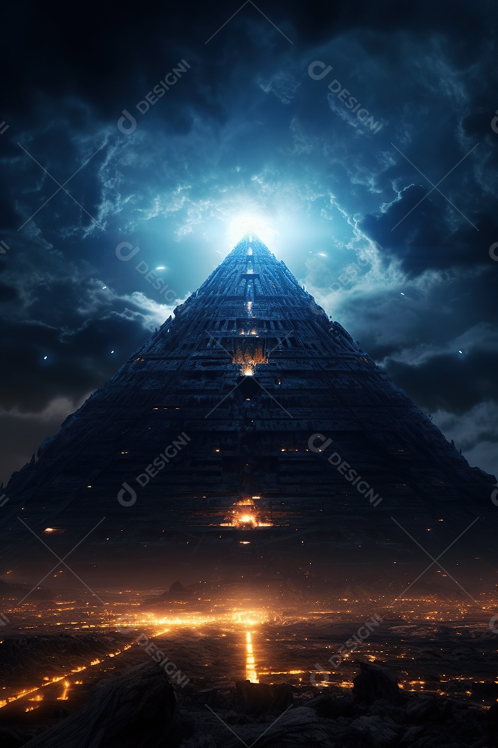 Uma pirâmide gigante flutuando com runas de fogo várias naves invasão alienígena céu escuro gerada por IA
