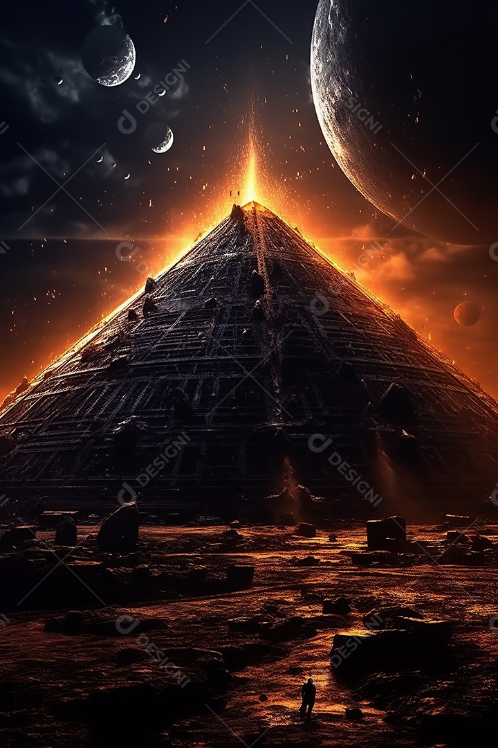 Uma pirâmide gigante flutuando com runas de fogo várias naves invasão alienígena céu escuro gerada por IA