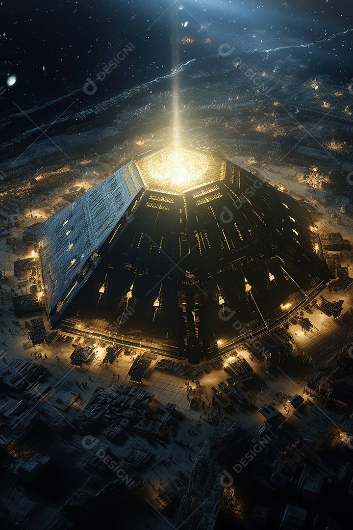 Uma pirâmide gigante flutuando com runas de fogo várias naves invasão alienígena céu escuro gerada por IA