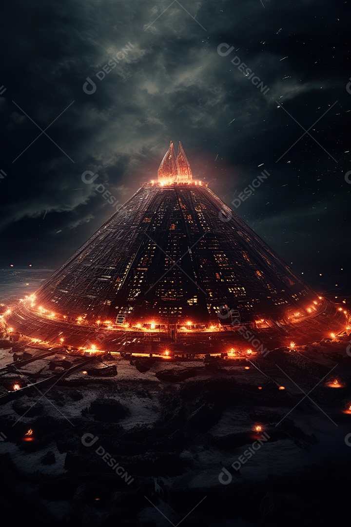 Uma pirâmide gigante flutuando com runas de fogo várias naves invasão alienígena céu escuro gerada por IA