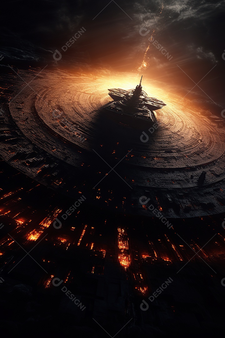 Uma pirâmide gigante flutuando com runas de fogo várias naves invasão alienígena céu escuro gerada por IA