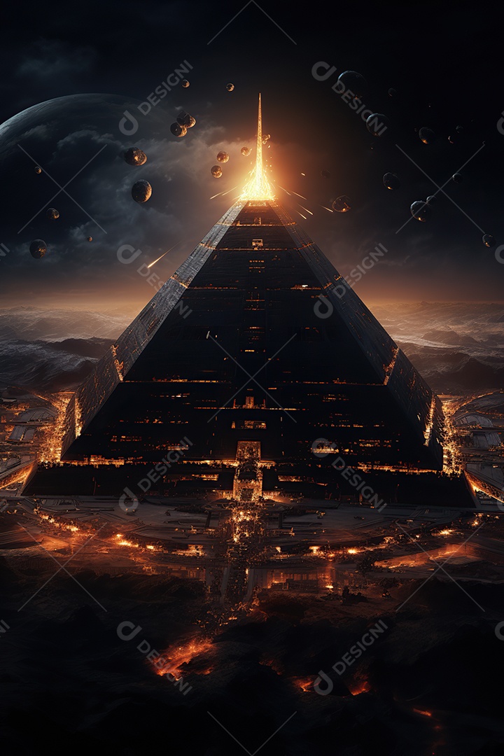 Uma pirâmide gigante flutuando com runas de fogo várias naves invasão alienígena céu escuro gerada por IA
