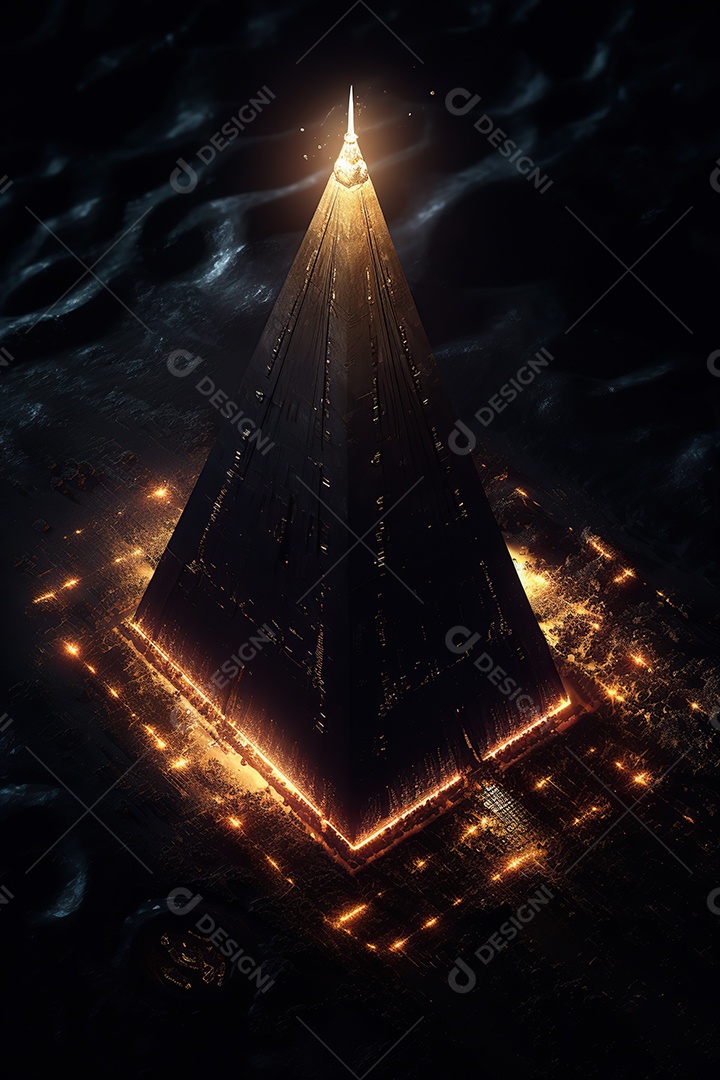 Uma pirâmide gigante flutuando com runas de fogo várias naves invasão alienígena céu escuro gerada por IA