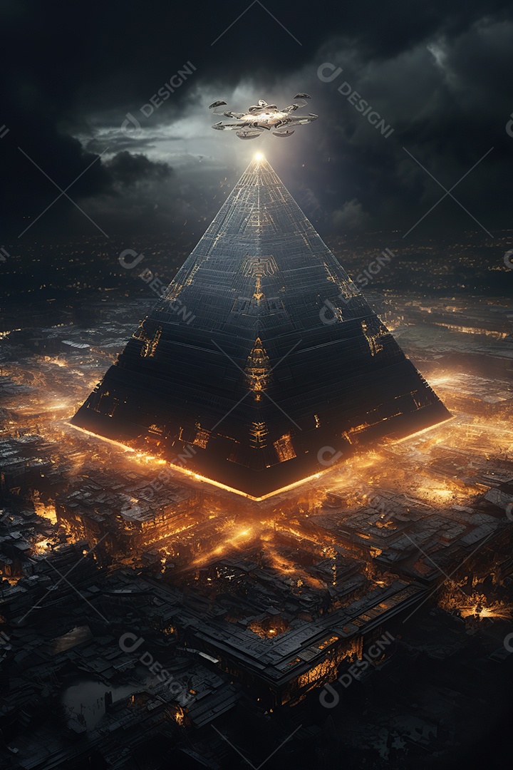 Uma pirâmide gigante flutuando com runas de fogo várias naves invasão alienígena céu escuro gerada por IA