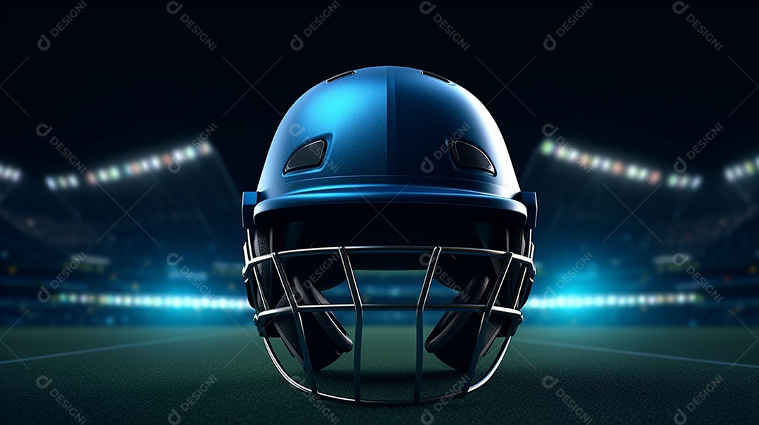 Ilustração 3D do capacete de críquete brilhante na grama. Esta cena é gerada através de inteligência artificial.