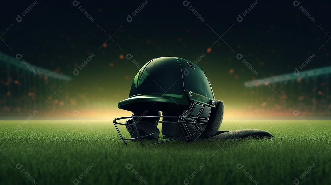 Ilustração 3D do capacete de críquete brilhante na grama. Esta cena é gerada através de inteligência artificial.