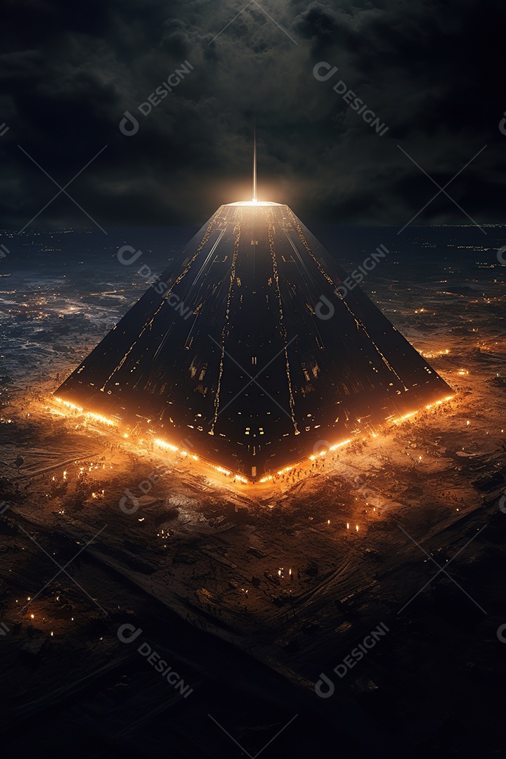 Uma pirâmide gigante flutuando com runas de fogo várias naves invasão alienígena céu escuro gerada por IA