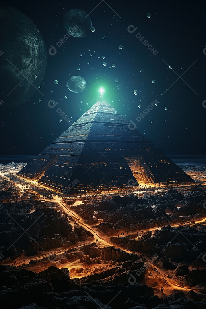 Uma pirâmide gigante flutuando com runas de fogo várias naves invasão alienígena céu escuro gerada por IA