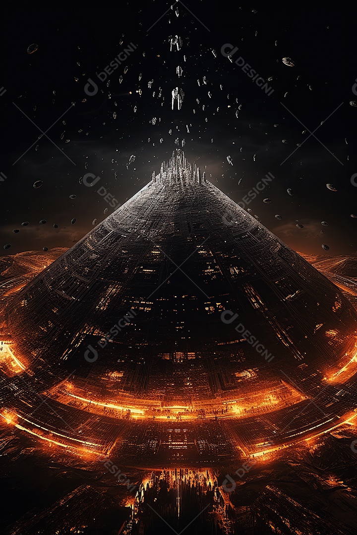 Uma pirâmide gigante flutuando com runas de fogo várias naves invasão alienígena céu escuro gerada por IA