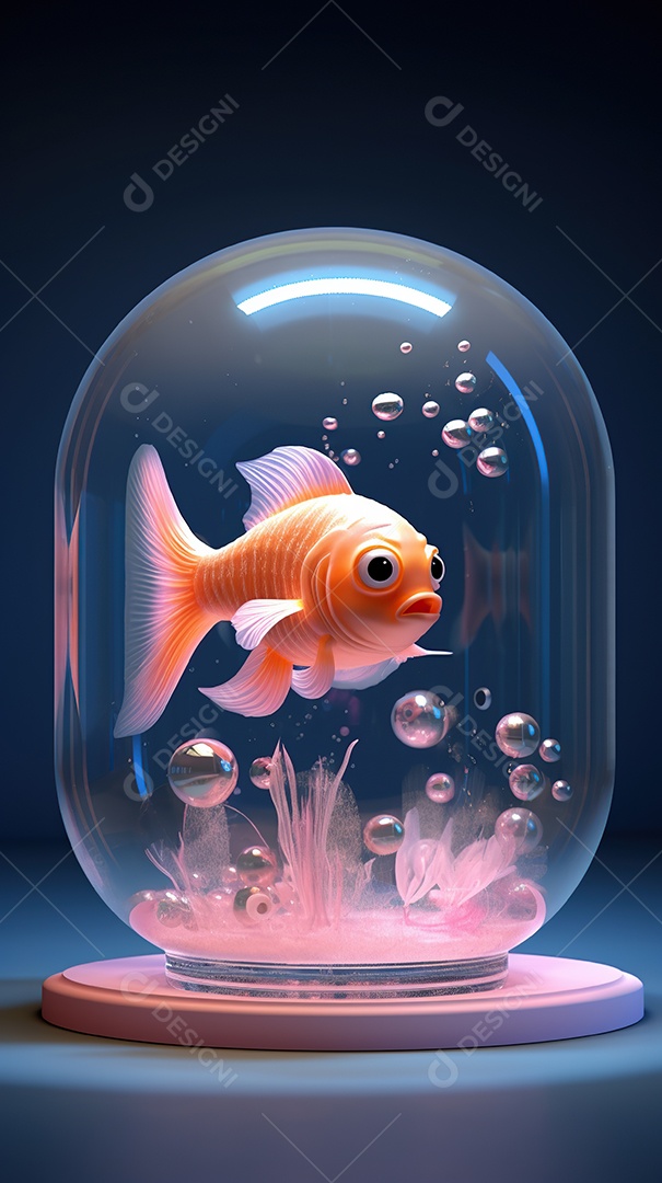 Um lindo peixinho dourado exótico dentro de um aquário cilíndrico