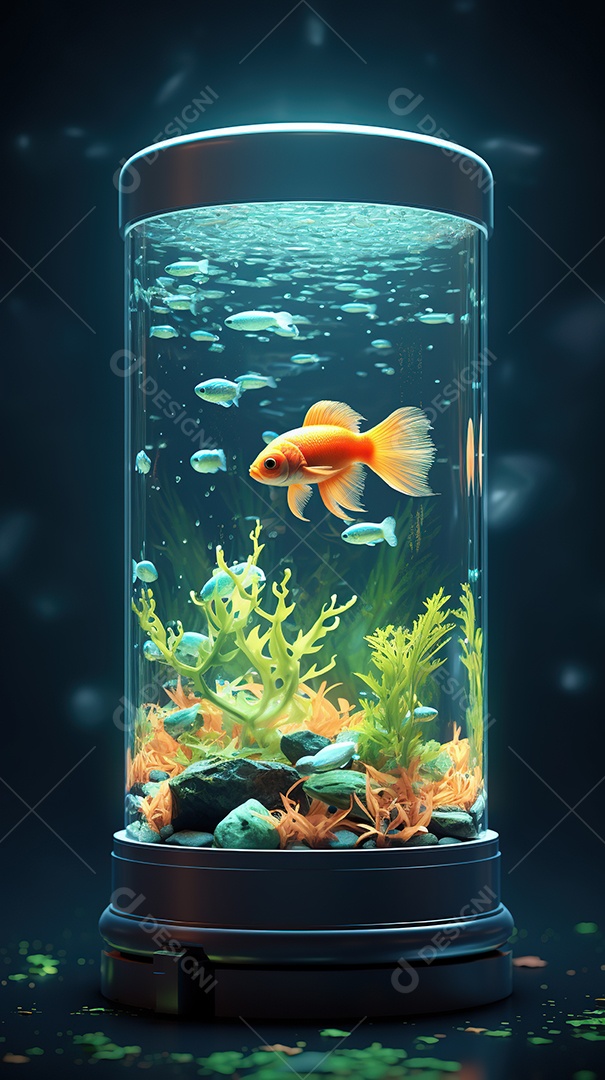 Um lindo peixinho dourado exótico dentro de um aquário cilíndrico