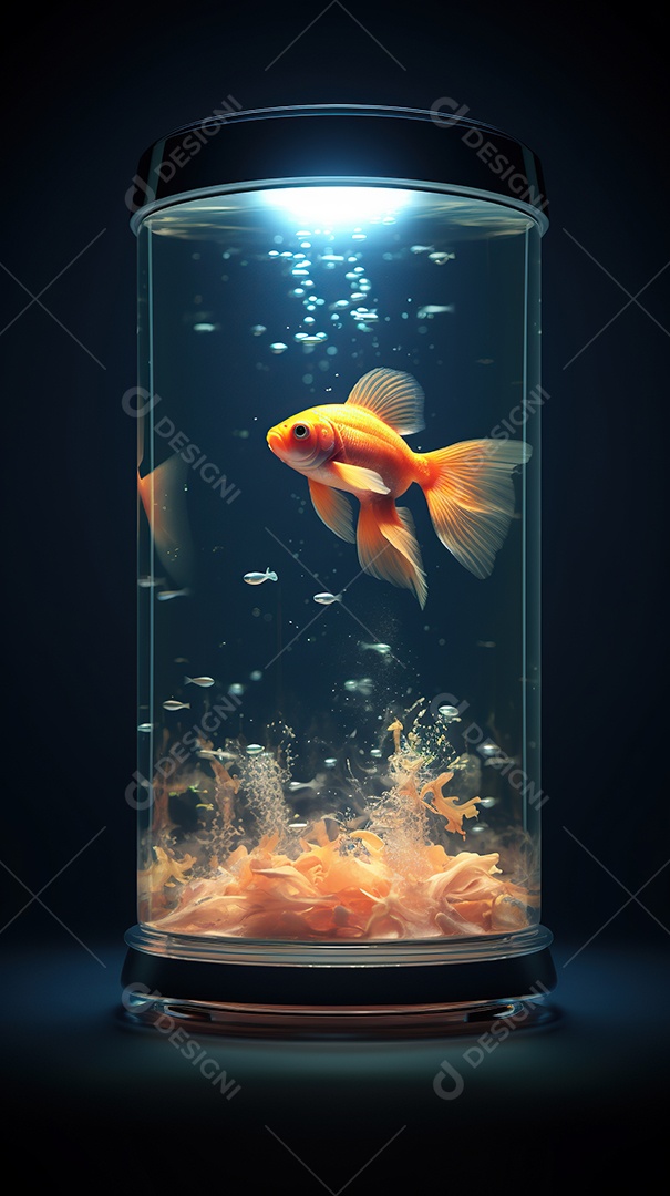 Um lindo peixinho dourado exótico dentro de um aquário cilíndrico