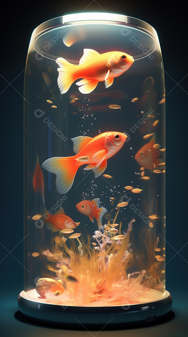 Um lindo peixinho dourado exótico dentro de um aquário cilíndrico