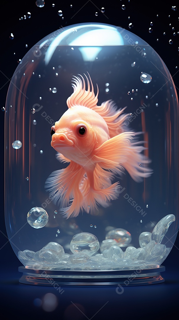 Um lindo peixinho dourado exótico dentro de um aquário cilíndrico