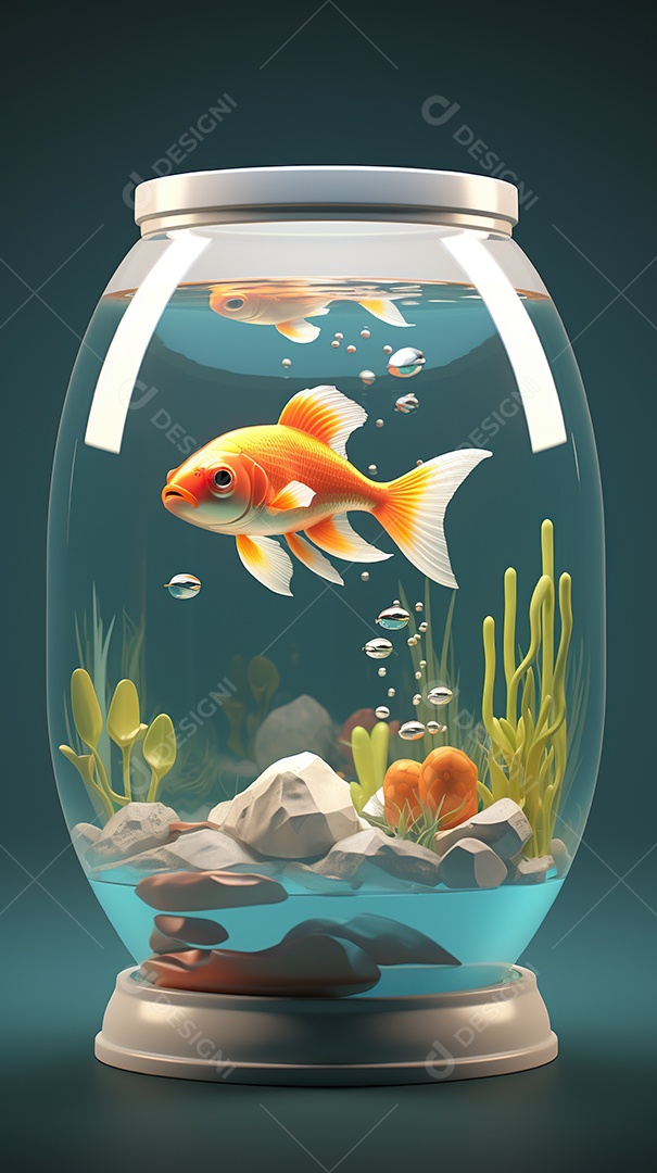 Um lindo peixinho dourado exótico dentro de um aquário cilíndrico