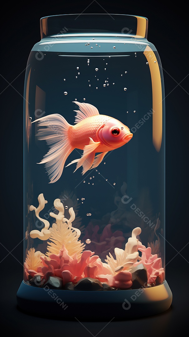 Um lindo peixinho dourado exótico dentro de um aquário cilíndrico