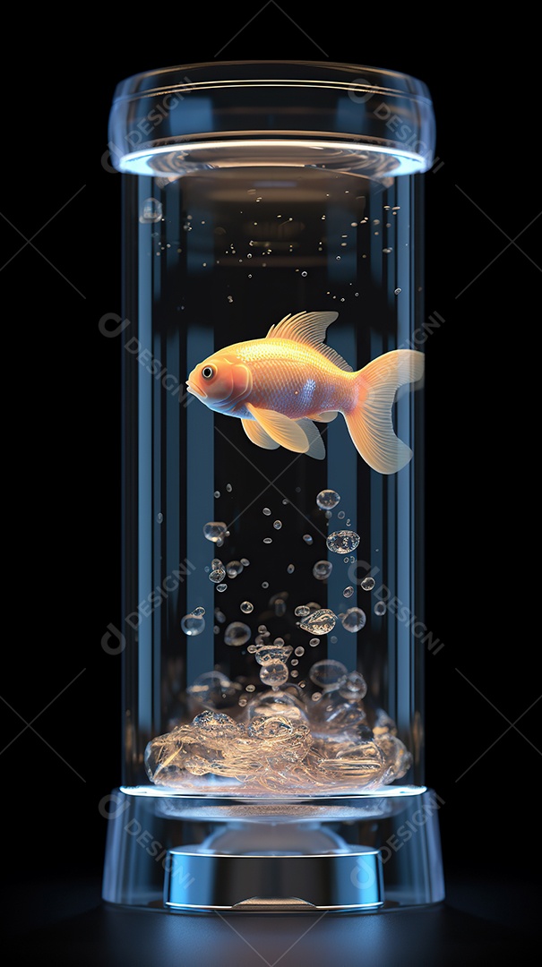 Um lindo peixinho dourado exótico dentro de um aquário cilíndrico