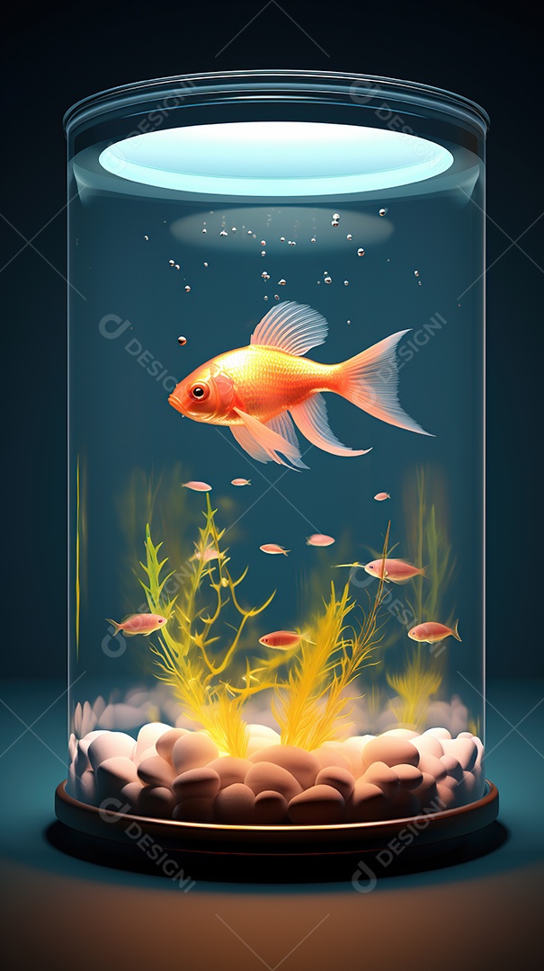 Um lindo peixinho dourado exótico dentro de um aquário cilíndrico(9)